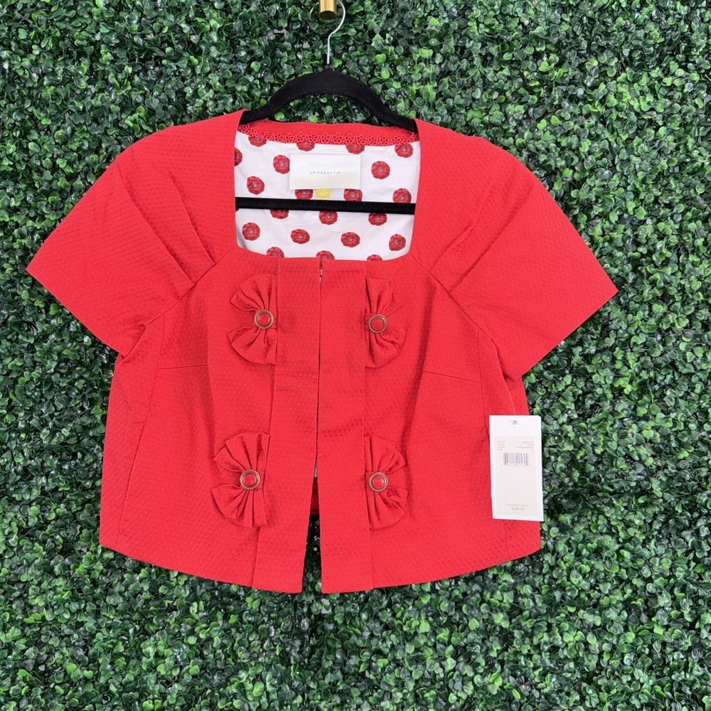 Anthropologie Leifsdottir Red Cropped Blazer Jacket Bow Detail Short Sleeve Sz 6